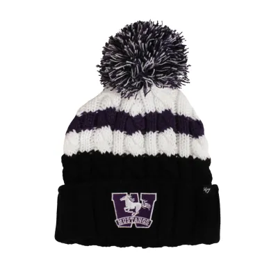Black and white knit toque with pompom. The Mustangs logo is embroidered on the front in purple and white. One size.
