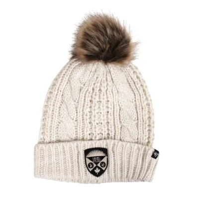 White knit toque with brown pom pom. The Western Crest logo is embroidered on the front in black. One size.