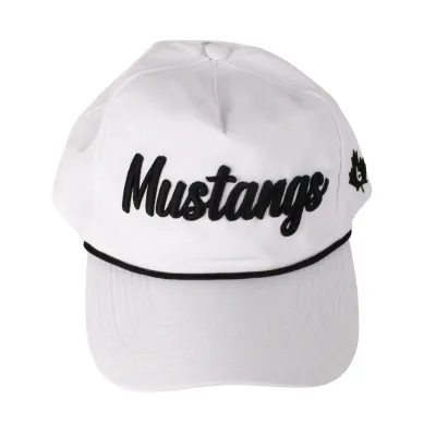 White cap with black rope across the brim. "Mustangs" script on the front in black.