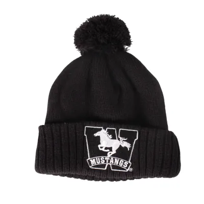 Black toque with a black pom pom. Embroidered Mustangs logo on the front.