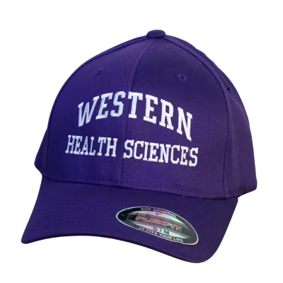 Purple flex fit cap in size small/medium. "Western Health Sciences" embroidered on the front.