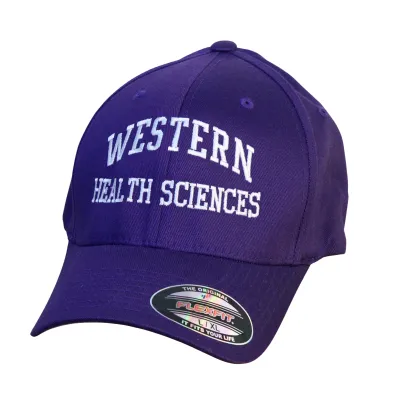 Purple flex fit cap in size large/extra large. "Western Health Sciences" embroidered on the front.