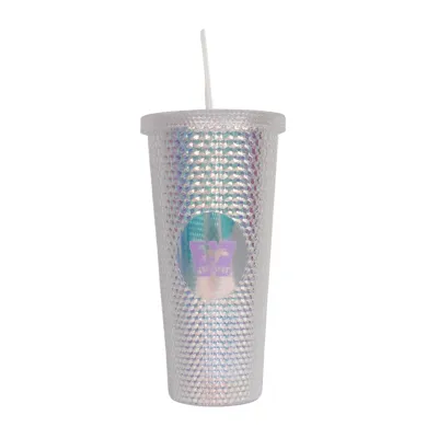 White iridescent textured tumbler with a straw lid. The Mustangs logo is printed on the front. 21 oz capacity.