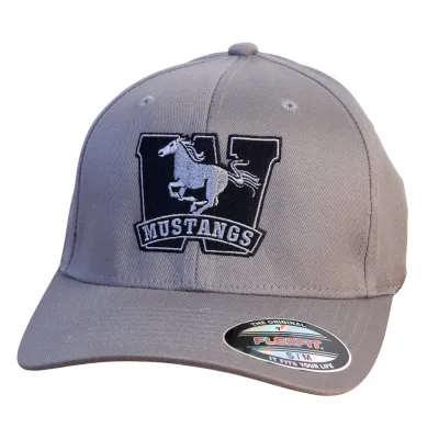 Grey flex fit cap in size small/medium. Mustangs logo embroidered in black thread on the front.
