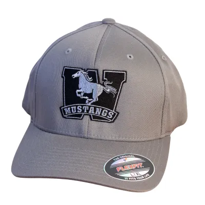 Grey flex fit cap in size large/extra large. The Mustangs logo is embroidered on the front in black and white.