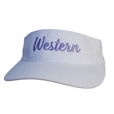 White visor with "Western" embroidered on the front in lilac. Adjustable. One size.