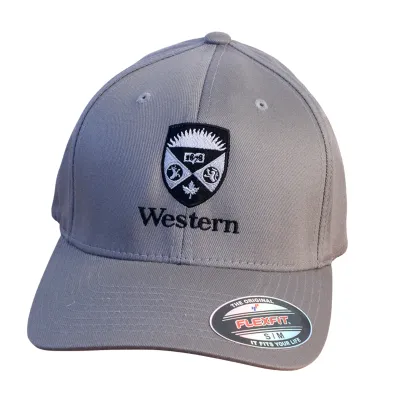 Grey flex fit cap in size small/medium. The Western Crest is embroidered in black and white on the front.