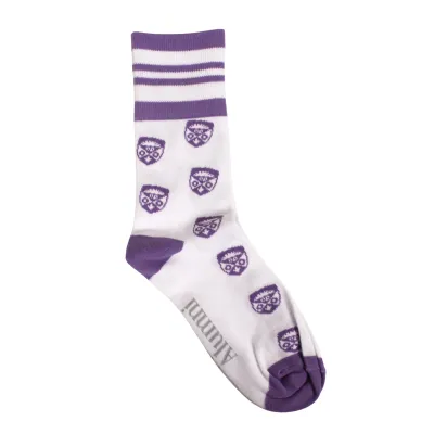 White socks with purple stripes and the Western Crest logo patterned throughout the sock. "Western Alumni" along the bottom of the foot.
