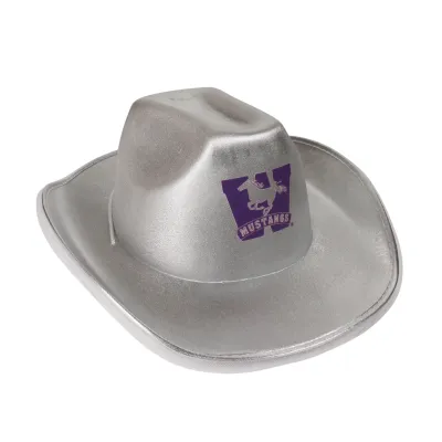 White Metallic cowboy hat that lights up. Mustangs logo printed on the front. Drawstring strap.