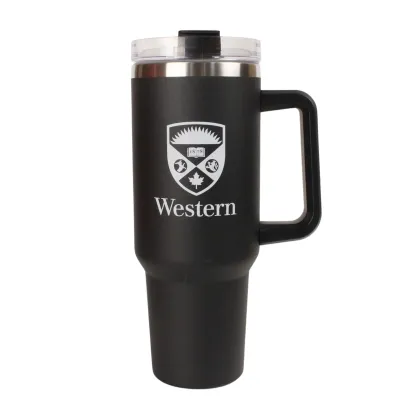 Black Glacier Peak Biggie tumbler with handle and straw lid. The Western Crest logo is engraved on the front. 