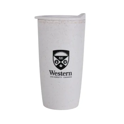 White wheat double wall tumbler with lid. The Western Crest logo is printed on the front in black. 20 oz capacity.