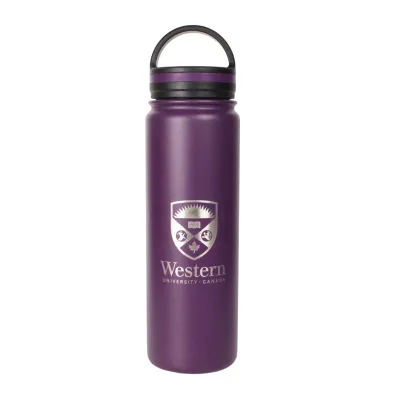 Purple stainless steel vacuum bottle with handled lid. The Western Crest logo is engraved on the front. 25 oz capacity.