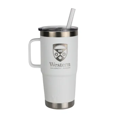 White rambler with handle and straw lid. The Western Crest logo is engraved on the front. 739 ml capacity.