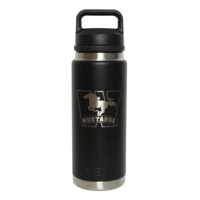 Black stainless steel double wall vacuum rambler bottle with chug cap. 100% leakproof. The Mustangs logo is engraved on the front. 769 ml capacity.