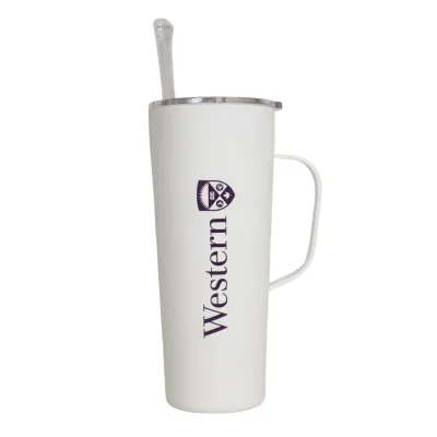 White roadie tumbler with handle and straw lid. "Western" and Crest logo printed on the front. 20 oz capacity.