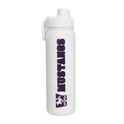 White sport bottle. "Mustangs" and the Mustangs logo are printed on the side. 24 oz capacity.