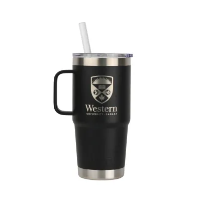 Black rambler with handle and straw. The Western Crest is engraved on the front. 739 ml capacity.