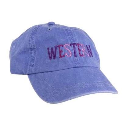 Periwinkle pigment dyed vintage cap with "Western" embroidered in three shades on purple on the front.