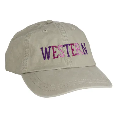 Beige stone pigment dyed vintage cap with "Western" embroidered on the front in various purple shades. One size.