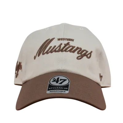 Beige and brown cap with "Mustangs" embroidered on the front. The Mustangs logo is embroidered on the side.