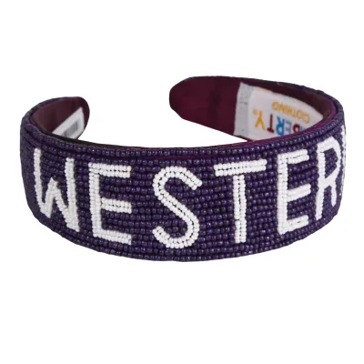 Beaded headband with "Western" script.