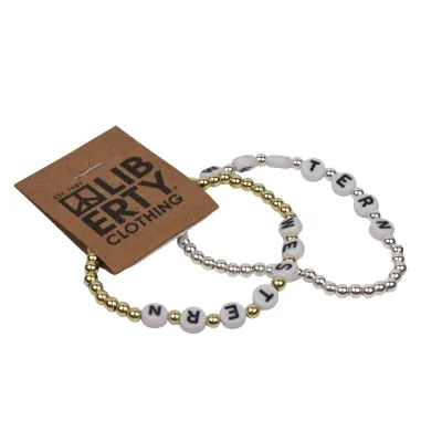 Gold beaded friendship bracelet with "Western" lettering.