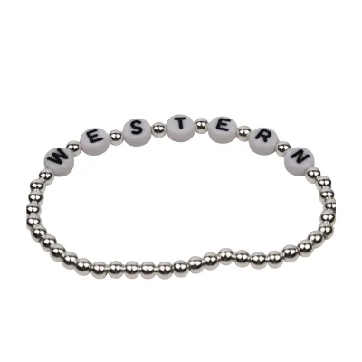 Silver beaded friendship bracelet with "Western" lettering.