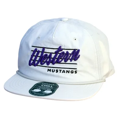 White linen cap with "Western Mustangs" script graphic embroidered on the front in purple and black. One size. Adjustable.