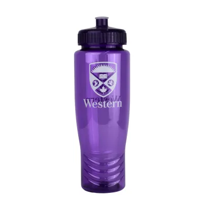 Purple water bottle with the Western Crest logo printed on the front. 28 oz capacity.