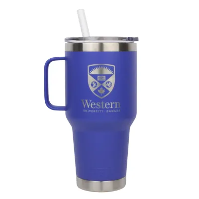 Ultramarine violet stainless steel rambler with straw lid and handle. The Western Crest is engraved on the front. 1L capacity.