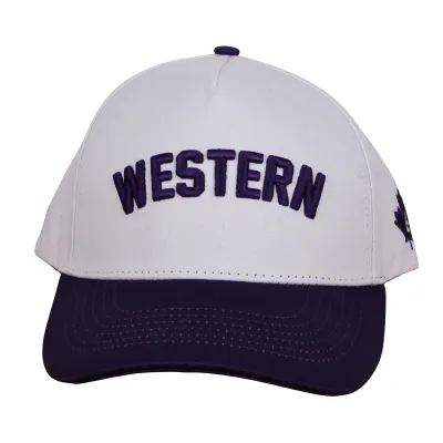 White and purple snap back cap with "Western" on the front.