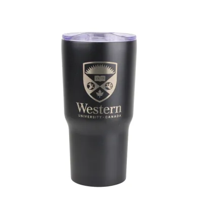 Black double wall tumbler with lid. The Western crest logo is engraved on the front. 20 oz capacity.