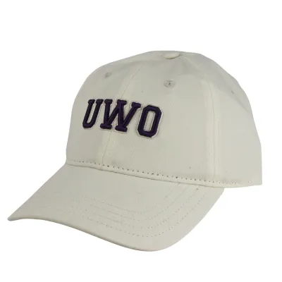 White adjustable cap with "UWO" embroidered on the front in purple. One size.