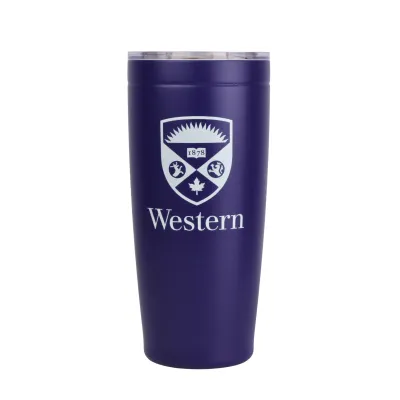 Purple stainless steel double wall tumbler with lid. The Western Crest logo is printed on the front. 20 oz capacity.
