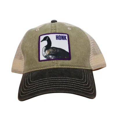 Farm cap with goose graphic and the word "honk" on the patch. One size.