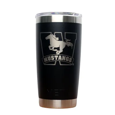 Black rambler tumbler with MS lid. The Mustangs logo is engraved on the front. 591 ml capacity.