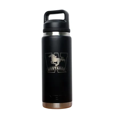 Black rambler with chug cup. The Mustangs logo is engraved on the front. 769 ml capacity.