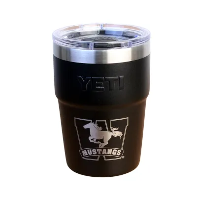 Black stackable rambler with MS lid. The Mustangs logo is engraved on the front. 473 ml capacity.