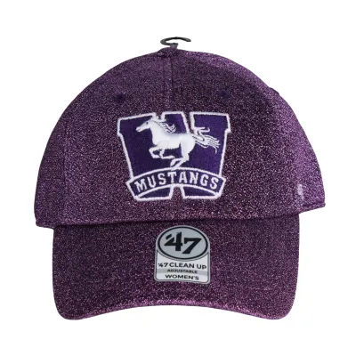 Purple sparkle cap with embroidered Mustangs logo on the front in purple and white. One size.