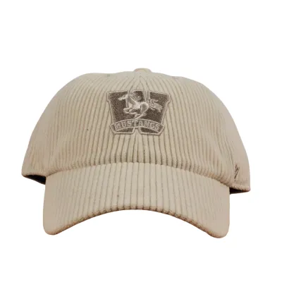 Cream corduroy cap with the Mustangs logo embroidered on the front in beige and white. One size.