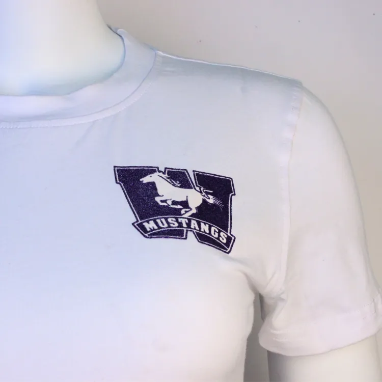 Close up of sparkly Western Mustangs logo.