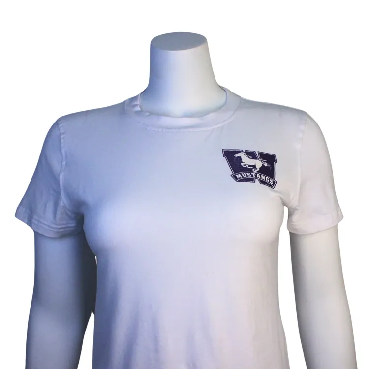 White bay tee style shirt with sparkly Western Mustangs logo on left upper breast.