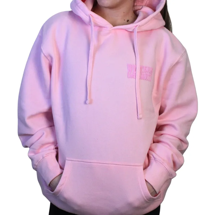 Light pink hoodie with medium pink lettering that says "Western" on the left chest.