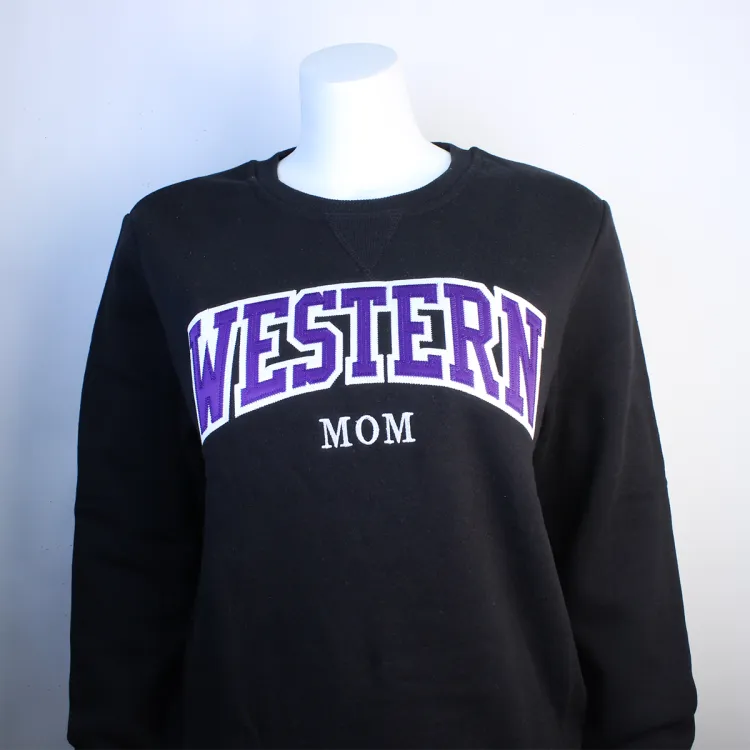 Black crewneck with large Western script across the chest and the word "Mom" centered underneath.