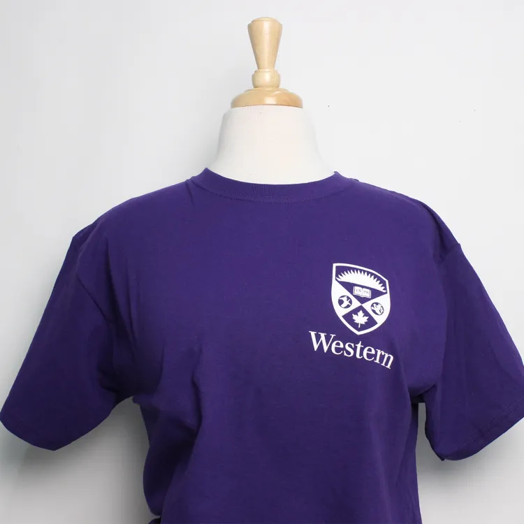 Purple tee with a white screen printed Western crest logo on the left chest side.