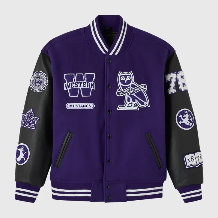 Purple Varsity jacket with leather black sleeves and embroidered patches.