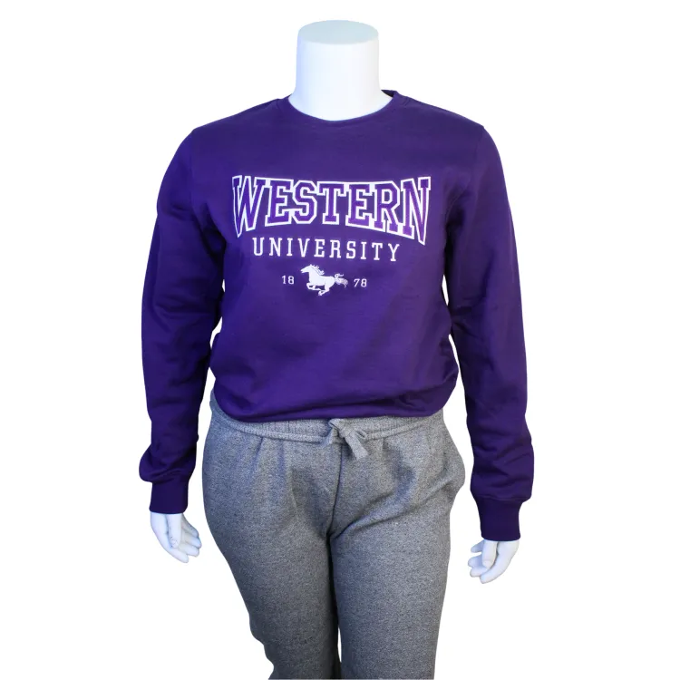 Purple crewneck with Western University 1878 embroidered on the front.
