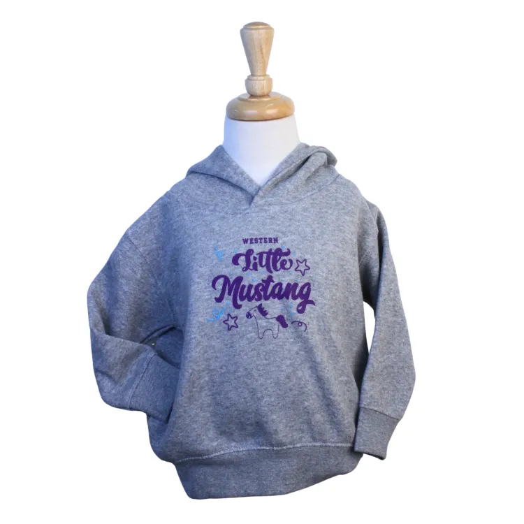 Grey hoodie with Western Little Mustang graphic screen-printed on the front. Toddler sizing.