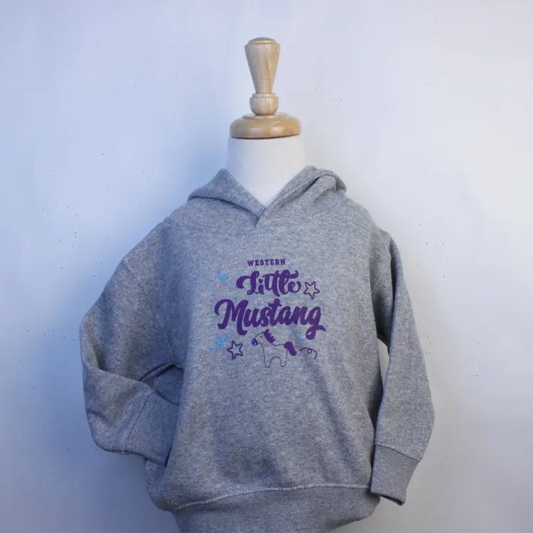 Grey hoodie with Western Little Mustang graphic screen-printed on the front. Toddler sizing.