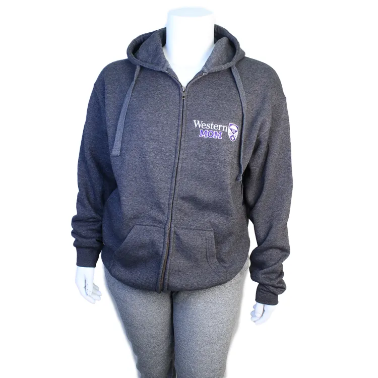 Charcoal grey full zip with Western Mom and the Western Crest embroidered on the left chest.